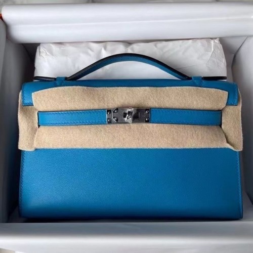 Hermes Original cuero swift KEL2278 azul y metal plateado