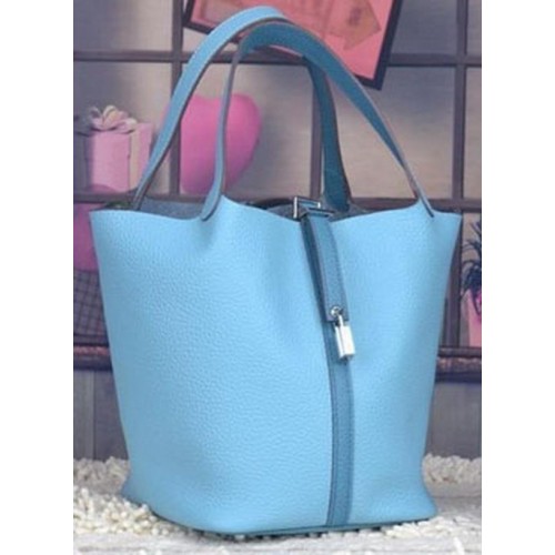 Hermes Picotin Lock 22cm Bolsos Litchi Leather HPL8618 Azul claro