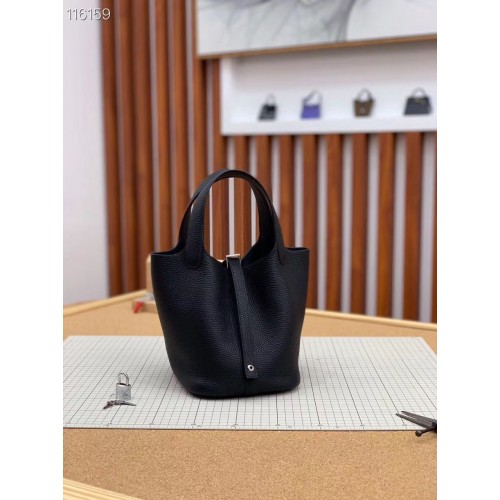 Hermes Picotin Lock 22cm Bolsos Original Litchi Leather HPL1048 Negro