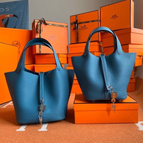 Hermes Picotin Lock Bolsas Original togo cuero PL3388 azul