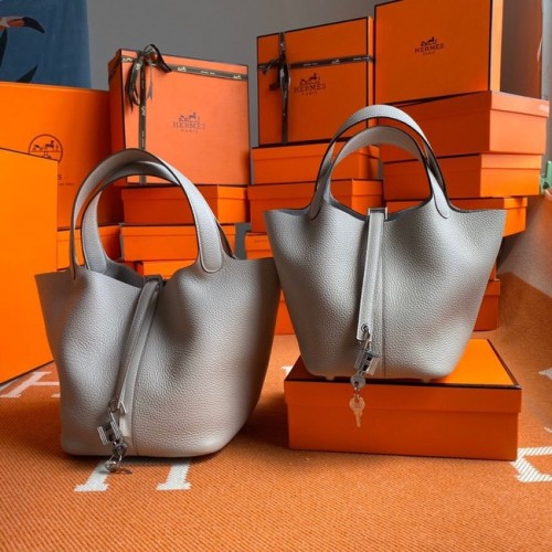 Hermes Picotin Lock Bolsas Original togo cuero PL3388 gris claro