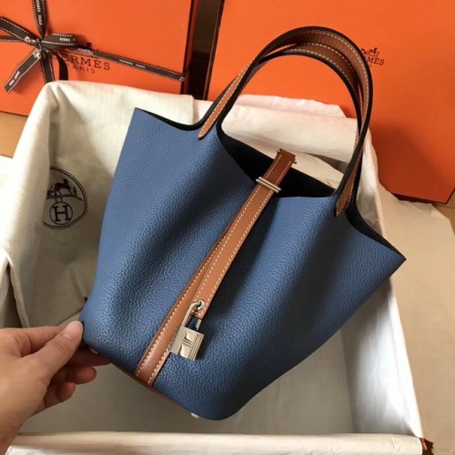 Hermes Picotin Lock PM Bolsos de cuero original H8688 azul y marrón
