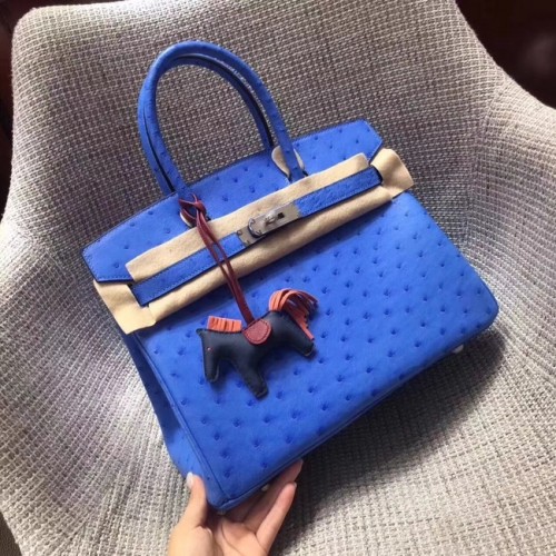 Bolso birkin de piel de avestruz real Hermes BK35 azul