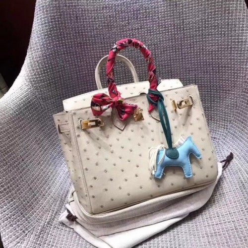 Bolso birkin de piel de avestruz real Hermes BK35 blanco crema