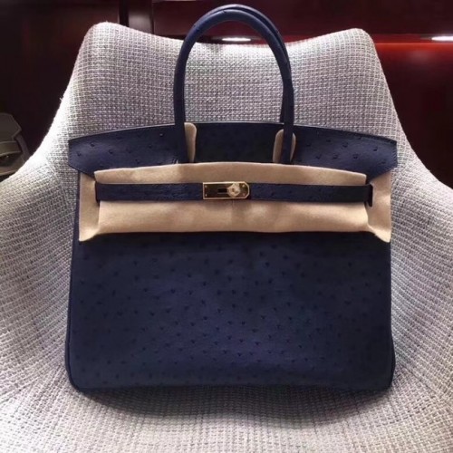 Bolso birkin de piel de avestruz real Hermes BK35 azul oscuro