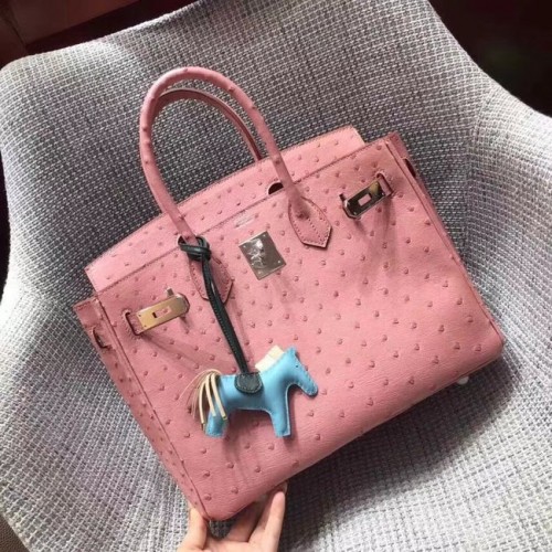 Bolso birkin de piel de avestruz real Hermes BK35 rosa