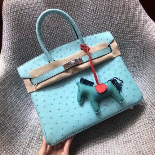 Bolso birkin de piel de avestruz real Hermes BK35 azul cielo