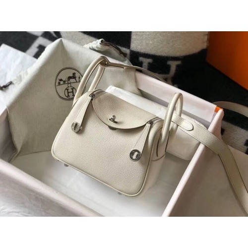 Hermes mini Lindy Original Togo bolso de cuero LD19 blanco y metal plateado