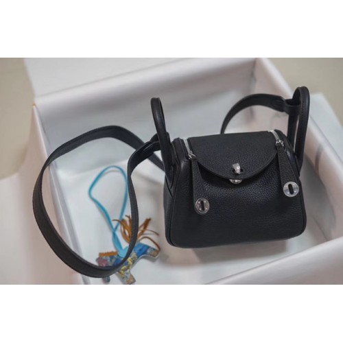 Hermes mini Lindy Togo bolso de cuero LD19 negro y metal plateado