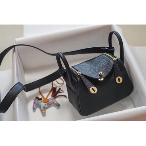Bolso de cuero Hermes mini Lindy Togo LD19 negro y dorado-metal