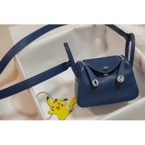 Hermes mini Lindy Togo bolso de cuero LD19 azul y metal plateado