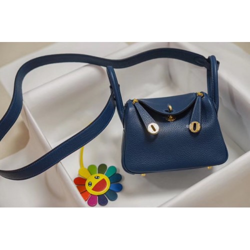 Hermes mini Lindy Togo bolso de cuero LD19 azul y dorado-metal