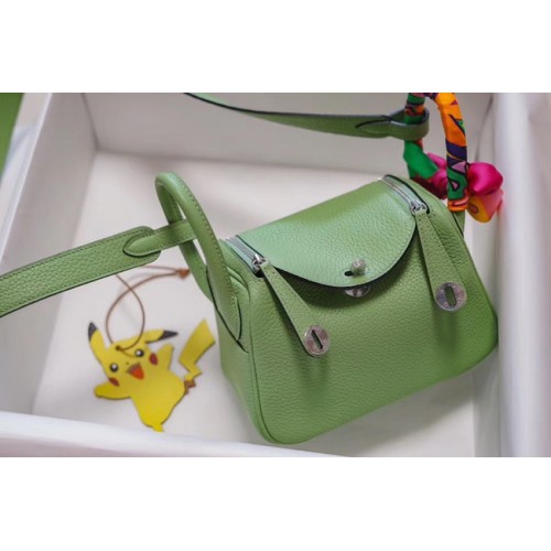 Hermes mini Lindy Togo bolso de cuero LD19 verde y metal plateado