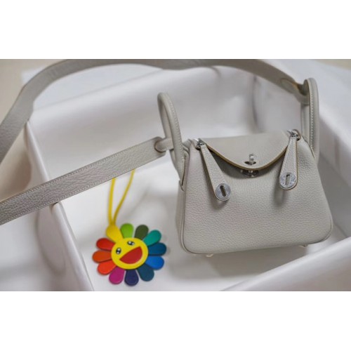 Hermes mini Lindy Togo bolso de cuero LD19 gris y metal plateado