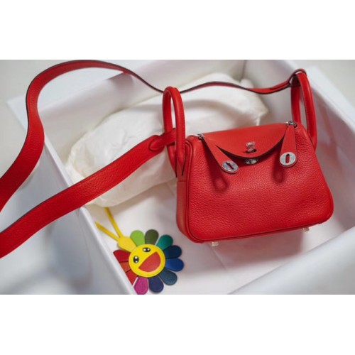 Hermes mini Lindy Togo bolso de cuero LD19 rojo y metal plateado