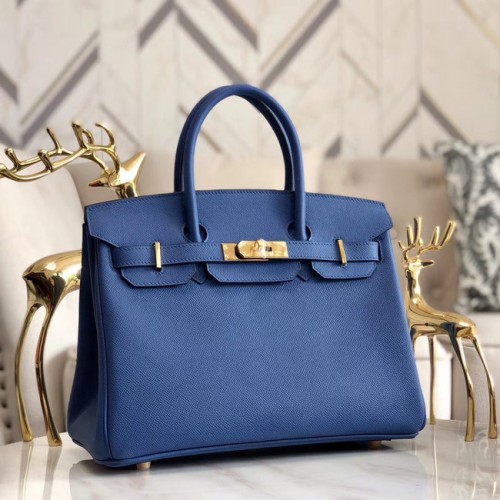 Hermes original Epsom Leather HB35O azul y dorado Metal