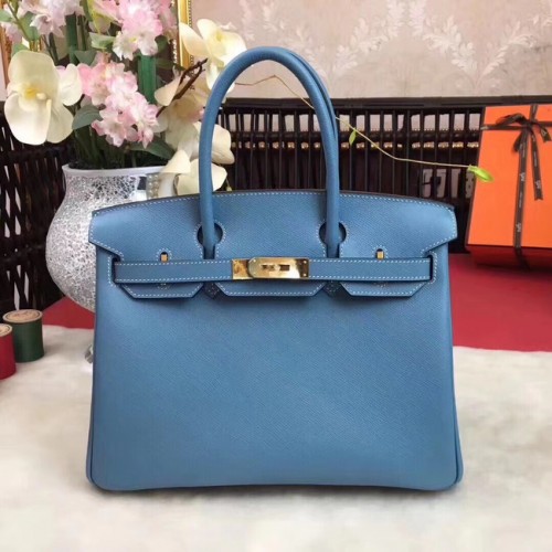 Hermes original Epsom Leather HB35O azul cielo y metal dorado