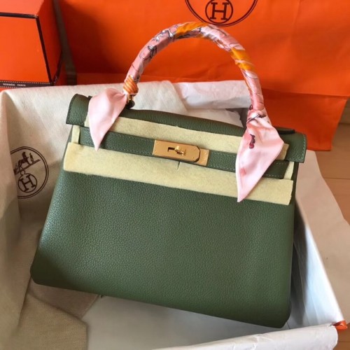 Bolso kelly de cuero original de Hermes Togo KL320 Verde negruzco