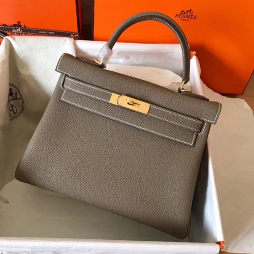 Bolso kelly de cuero Togo original de Hermes KL320 gris oscuro