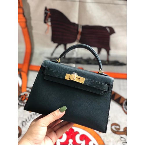 Hermes original mini Kelly chevre mysore K19CM Verde negruzco y metal dorado