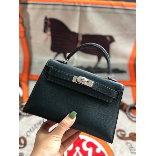 Hermes original mini Kelly chevre mysore K19CM Verde negruzco y metal plateado