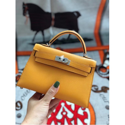 Hermes original mini Kelly chevre mysore K19CM Mango amarillo y plata Metal