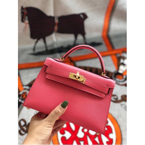 Hermes original mini Kelly chevre mysore K19CM Sandía roja y metal dorado