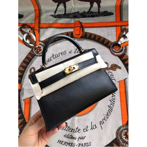 Hermes original mini Kelly chevre mysore K19CM negro y metal dorado