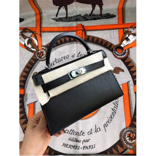 Hermes original mini Kelly chevre mysore K19CM negro y plata Metal