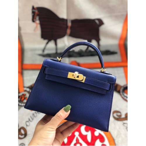 Hermes original mini Kelly chevre mysore K19CM azul y metal dorado