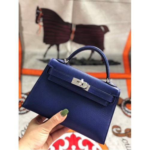 Hermes original mini Kelly chevre mysore K19CM azul y plata Metal