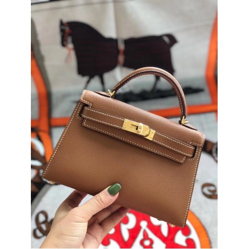 Hermes original mini Kelly chevre mysore K19CM marrón y metal dorado