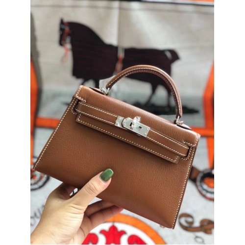 Hermes original mini Kelly chevre mysore K19CM marrón y plata Metal