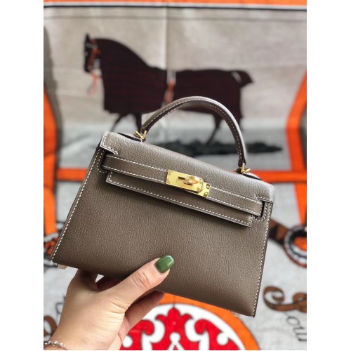 Hermes original mini Kelly chevre mysore K19CM gris y metal dorado