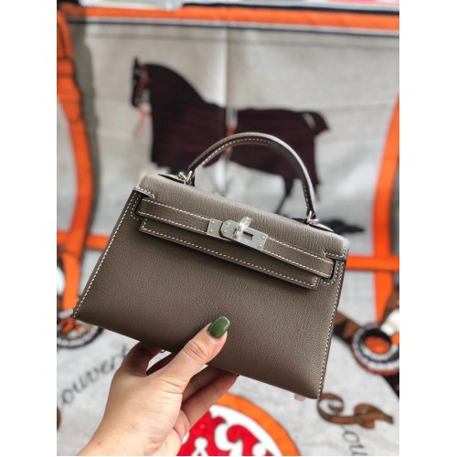 Hermes original mini Kelly chevre mysore K19CM gris y plata Metal