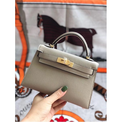 Hermes original mini Kelly chevre mysore K19CM gris claro y metal dorado