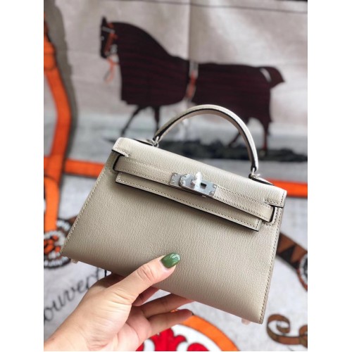 Hermes original mini Kelly chevre mysore K19CM gris claro y plata Metal