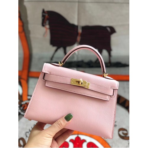 Hermes original mini Kelly chevre mysore K19CM rosa y metal dorado