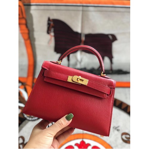 Hermes original mini Kelly chevre mysore K19CM rojo y metal dorado