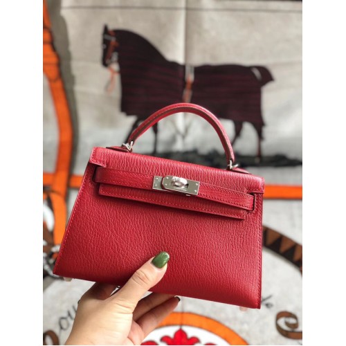 Hermes original mini Kelly chevre mysore K19CM rojo y plata Metal