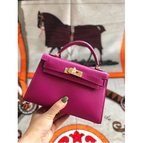 Hermes original mini Kelly chevre mysore K19CM rosa y metal dorado
