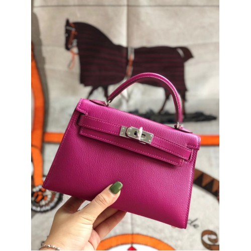 Hermes original mini Kelly chevre mysore K19CM rosa y plata Metal