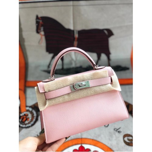 Hermes original mini Kelly chevre mysore K19CM rosa y plata Metal