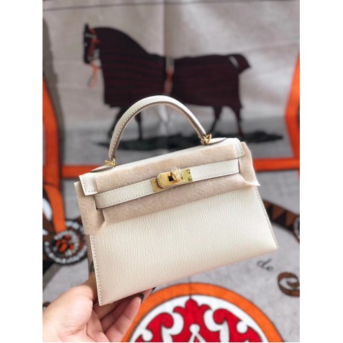 Hermes original mini Kelly chevre mysore K19CM blanco y metal dorado