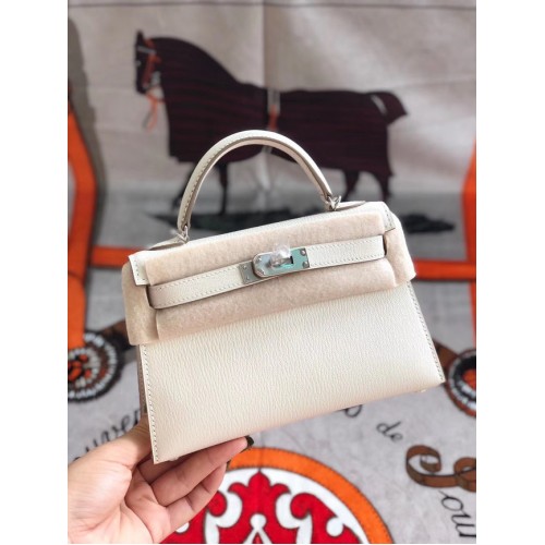 Hermes original mini Kelly chevre mysore K19CM blanco y plata Metal