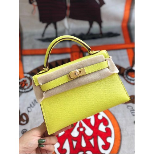 Hermes original mini Kelly chevre mysore K19CM amarillo y metal dorado