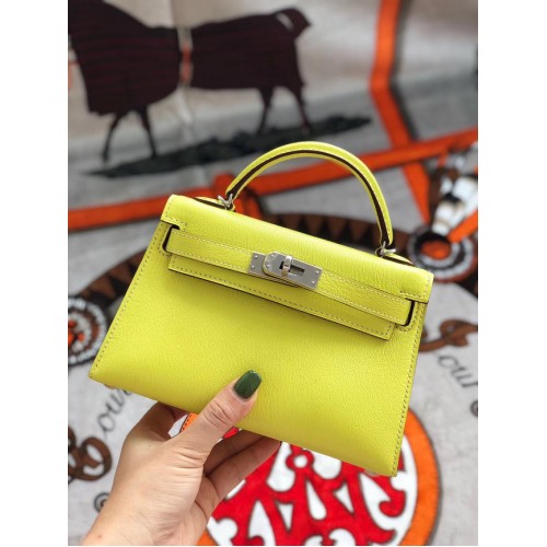 Hermes original mini Kelly chevre mysore K19CM amarillo y plata Metal