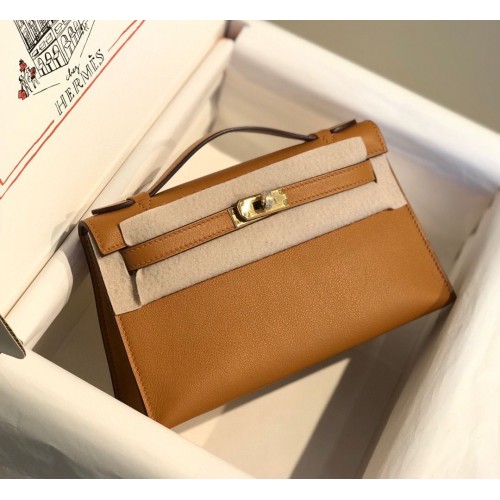 Hermes cuero original swift mini Kelly K22CM H23560 Marrón