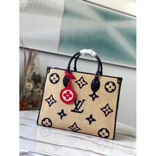 Louis Vuitton Onthego Monogram Raffia tejido gigante bordado bolso de mano mediano M57723 azul