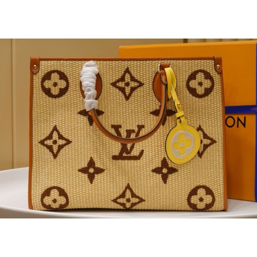 Louis Vuitton Onthego Monogram Raffia tejido gigante bordado bolso de mano mediano M57723 marrón